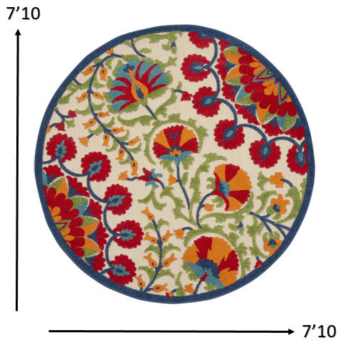 8' Round Red And Ivory Round Floral Indoor Outdoor Area Rug