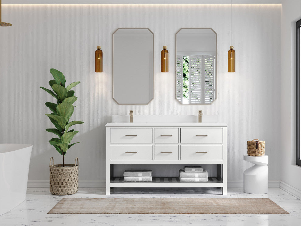 Parker 60 Double Sink Bathroom Vanity in White 1.5" White Quartz