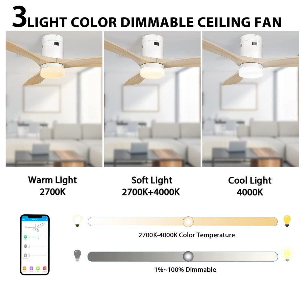 52'' 3 Blade Smart Rustic Ceiling Fan With Dim Light and Remote Control