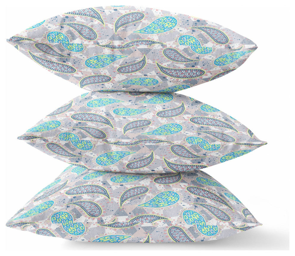 26" Gray Green Boho Paisley Indoor Outdoor Throw Pillow