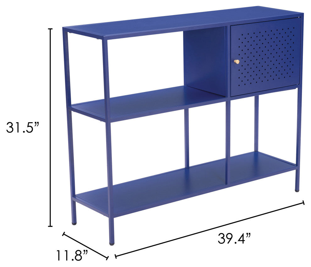 Bookcase Wall Shelf Rack, Steel Metal, Blue, Gold, Lounge Lobby Hospitality