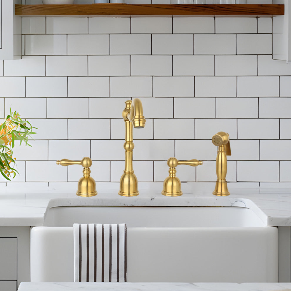 Two-Handles Copper Widespread Kitchen Faucet with Side Sprayer, Brushed Gold