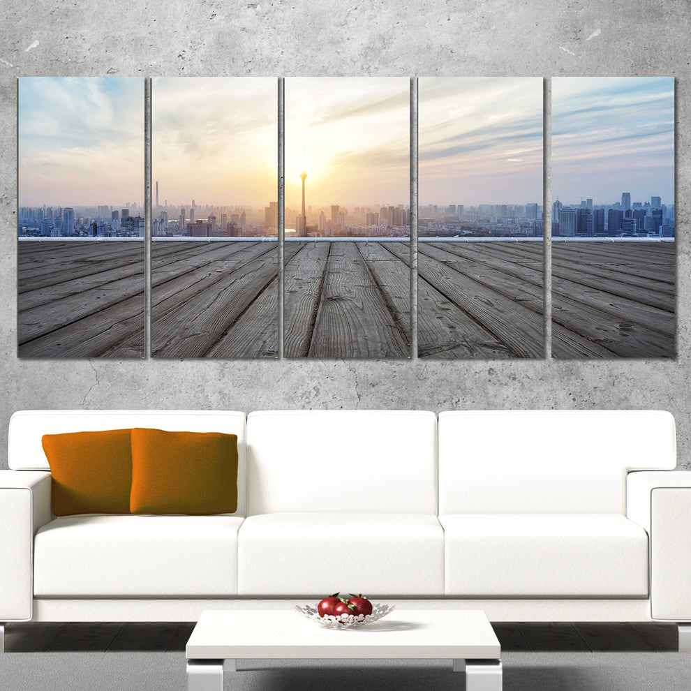 "Buildings With Empty Wooden Board" Landscape Wall Wall Art, 5 Panels, 60"x28"