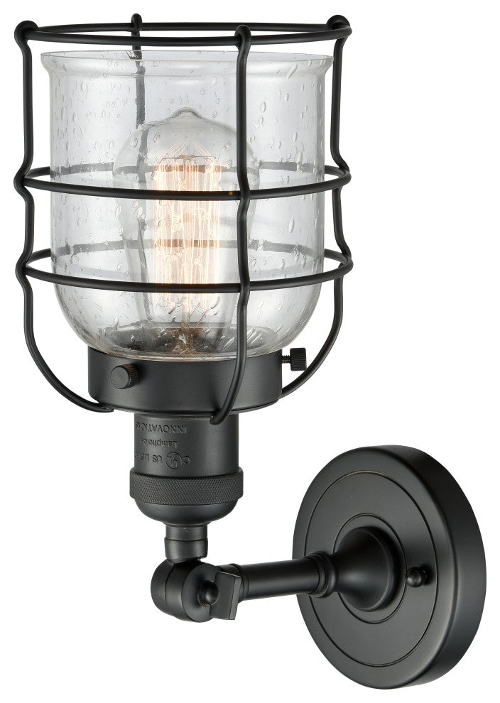 1-Light Small Bell Cage 8" Sconce, Matte Black, Glass: Seedy