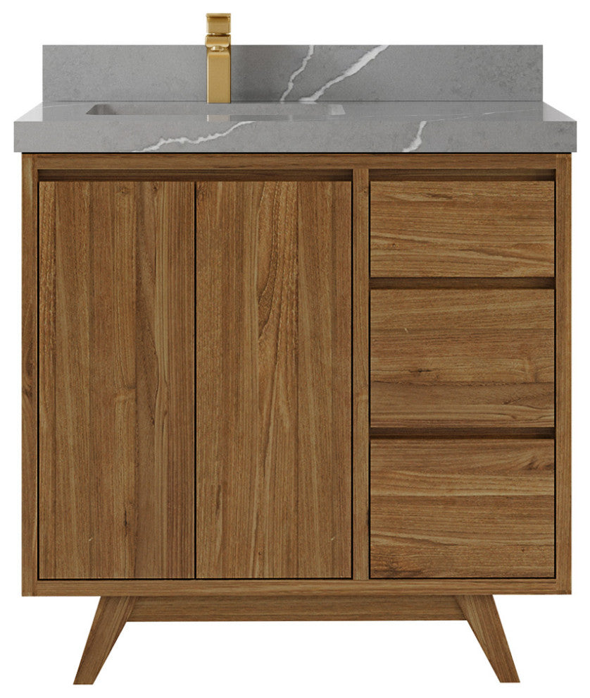 Madison Teak 36 Left Offset Bath Vanity in Dark Natural 2" Piatra Gray