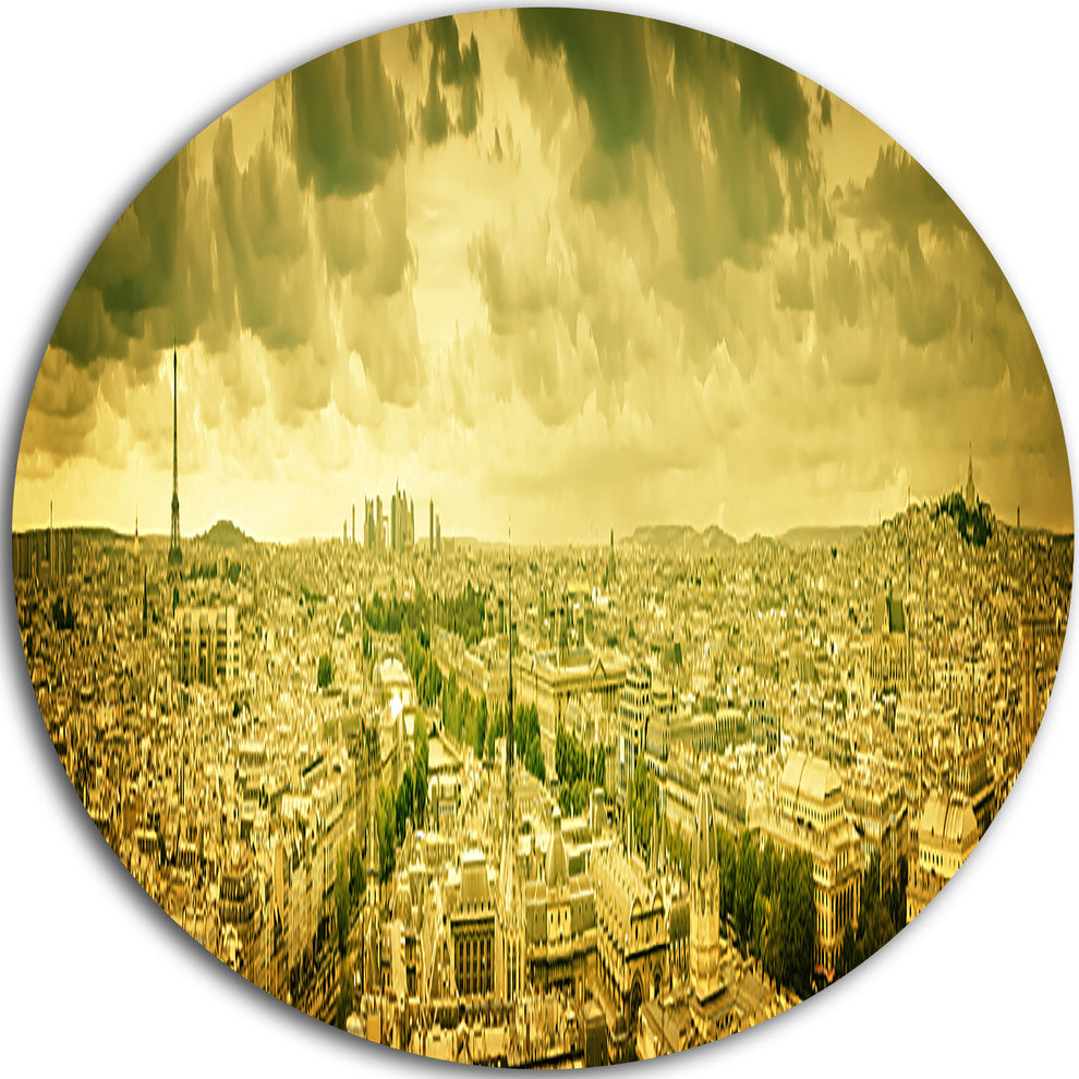 Paris Panorama With Scenic Sky, Cityscape Round Metal Wall Art, 36"