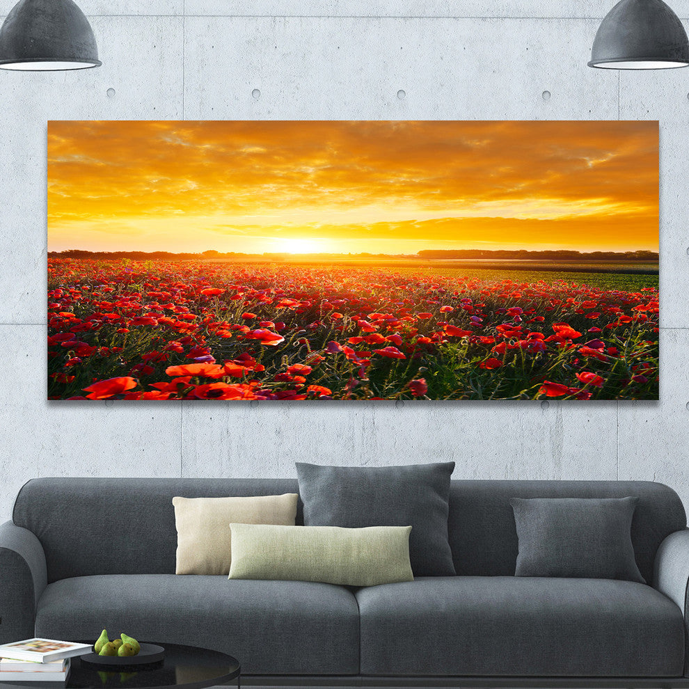 Poppy Field under Ablaze Sunset, Oversized Abstract Canvas Art Print, 60x28