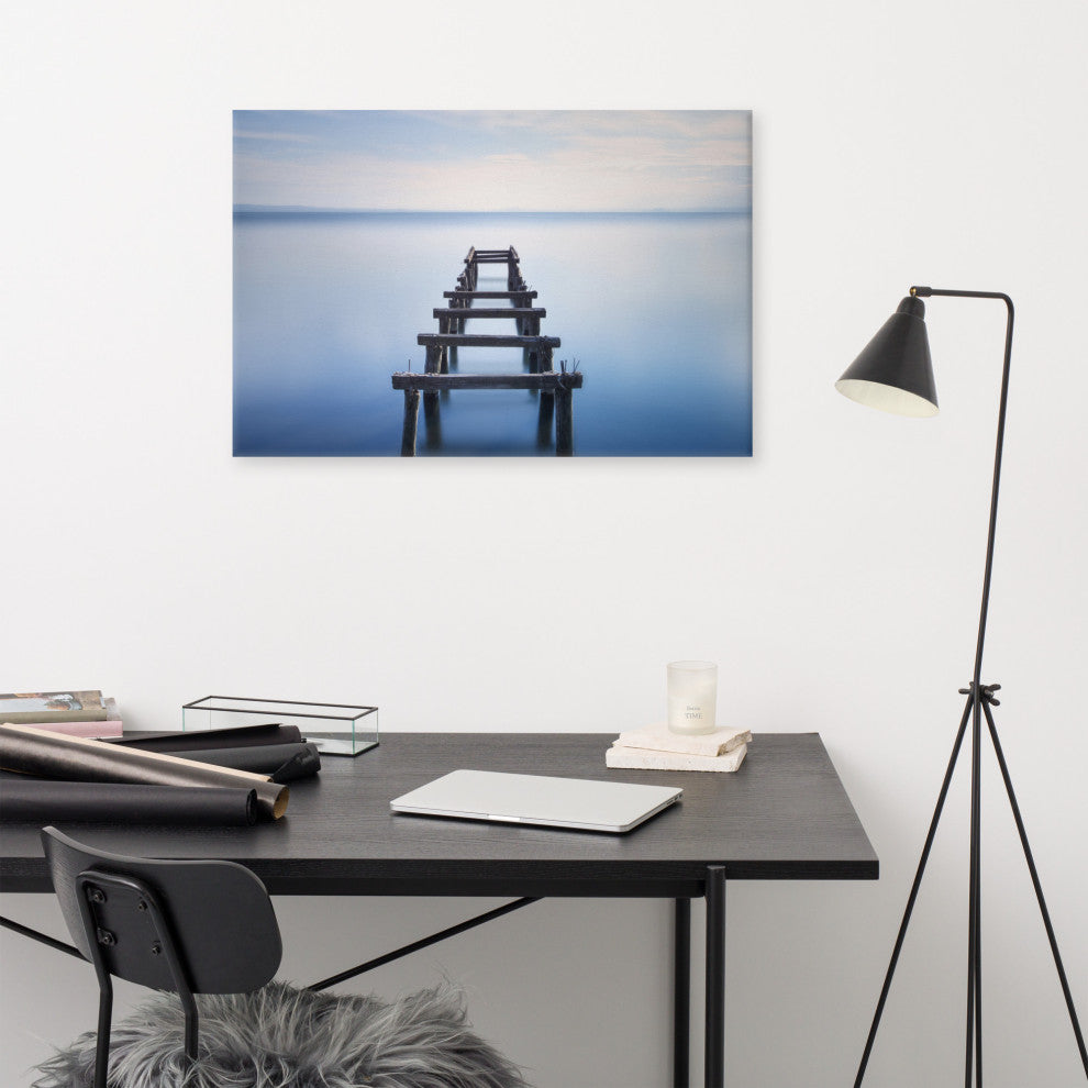 Soft Blue Lake and Abandoned Pier Coastal Landscape Photo Canvas Wall Art Print, 24" X 36"