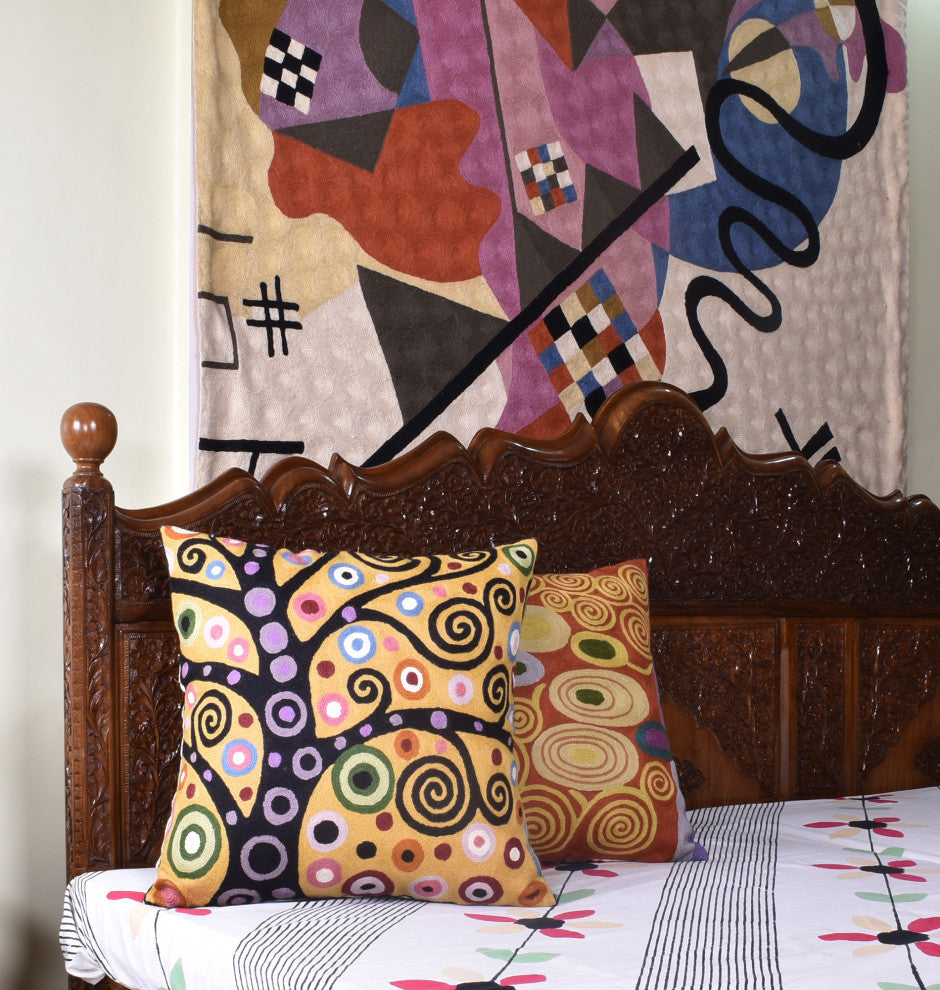 Klimt Yellow Pillow Cover Chair Soulful Tree of Life Hand Embroidered Wool 18x18