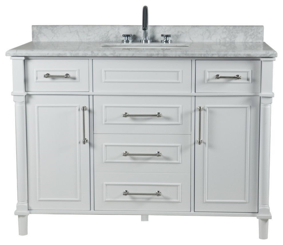 48" Single Vanity, White With White Carrara Marble Top