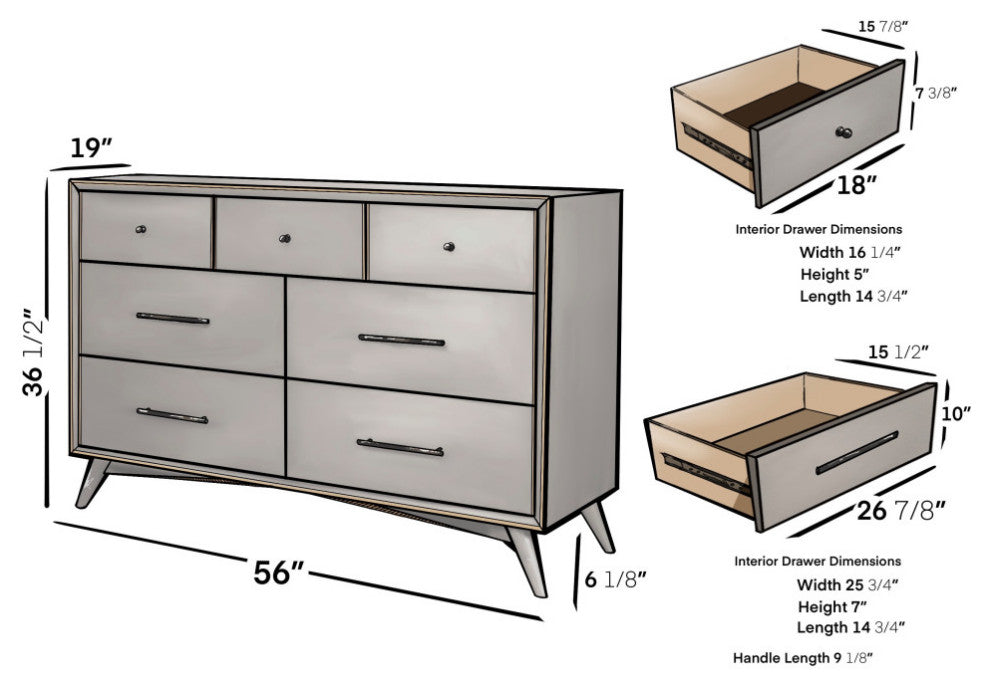 Flynn Mid Century Modern 7 Drawer Dresser, Gray