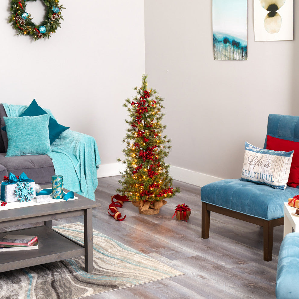 4' Berry and Pine Faux Xmas Tree W/ 100 Warm White Lights & Burlap Wrapped Base
