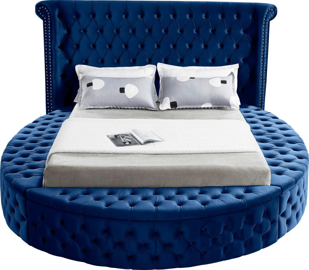 Luxus Button Tufted Velvet Round Bed, Navy, King