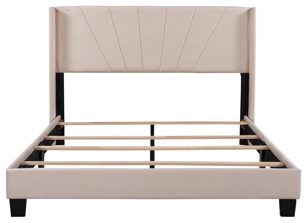 Gewnee Queen Size Velvet Upholstered Platform Bed in Beige