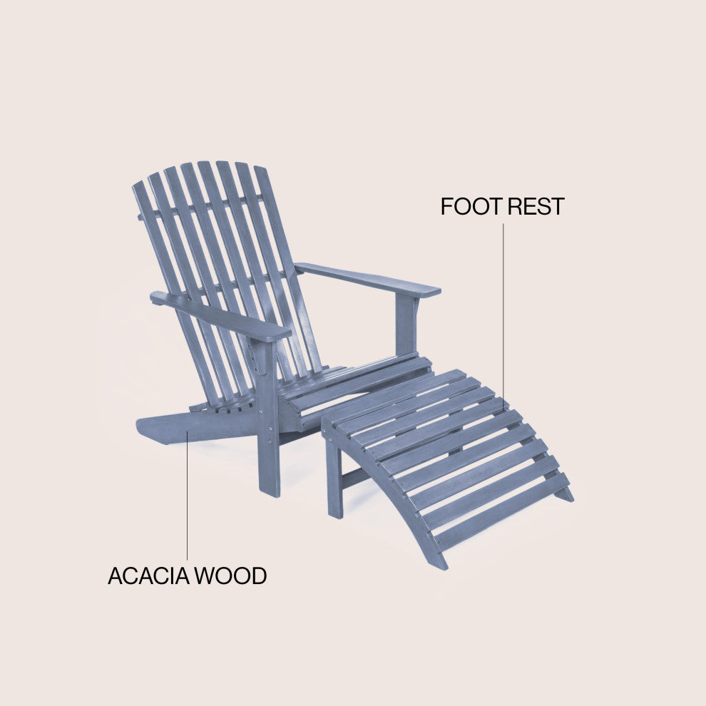 2-Piece Traditional Rustic Acacia Wood Adirondack Chair With Detachable Ottoman