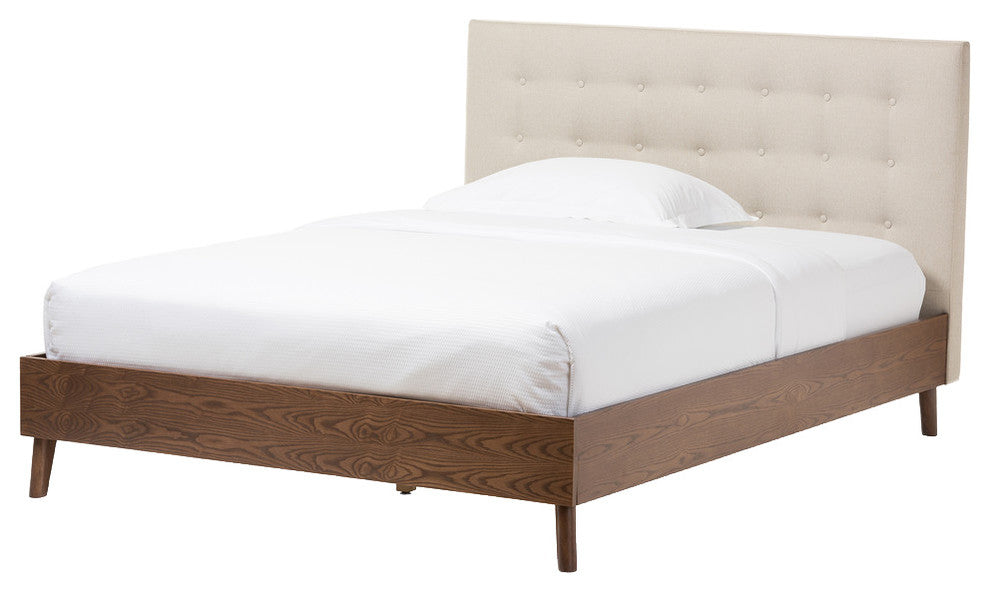 AliniaLight Beige Fabric Upholstered Walnut Wood Queen Size Platform Bed