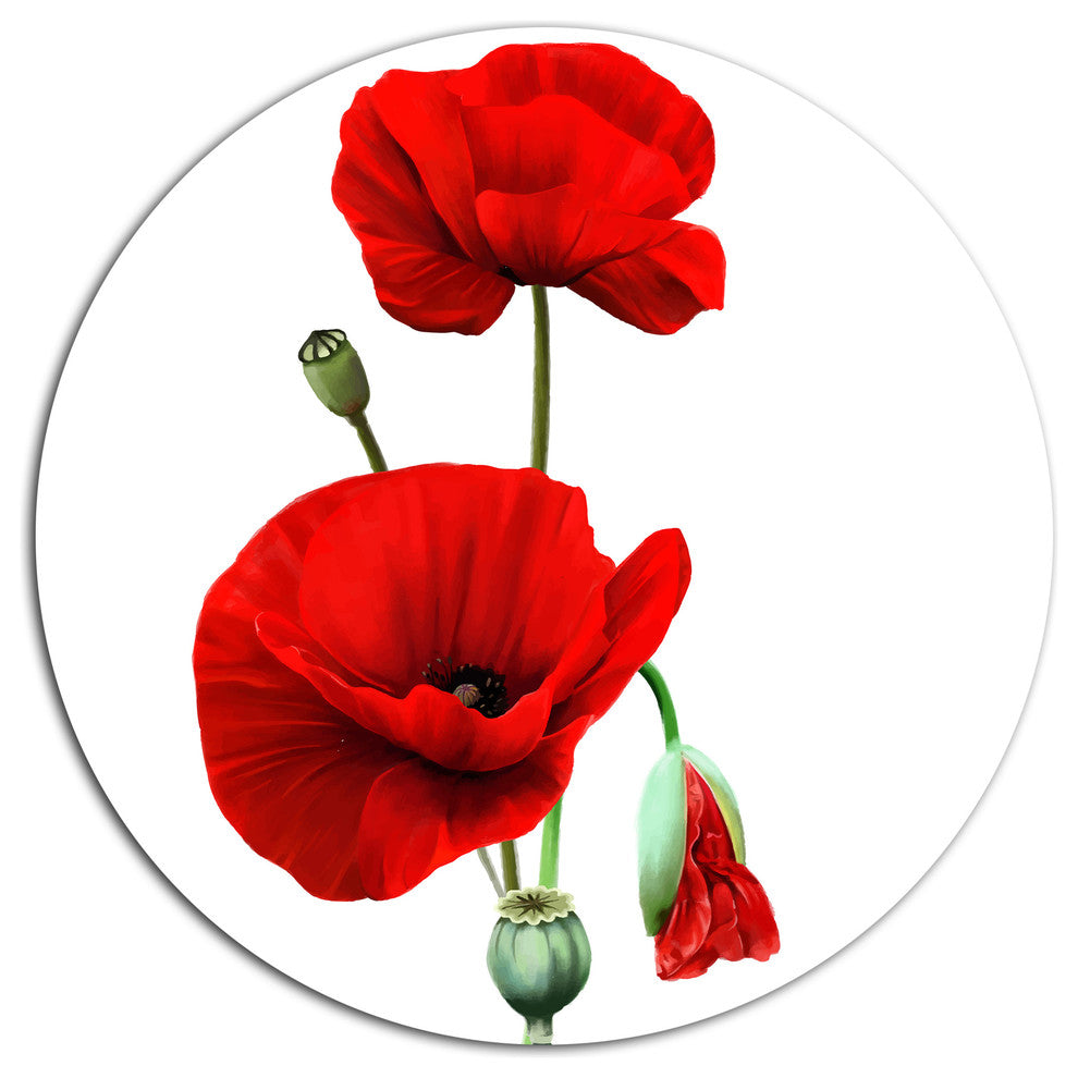 Red Poppies On White Background, Floral Disc Metal Artwork, 11"
