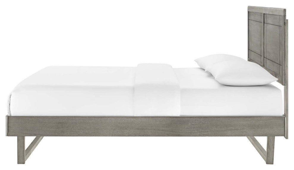 Platform Bed Frame, King Size, Wood, Gray, Modern Mid-Century, Bedroom