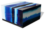 "Blue Run Off I" Reverse Printed Art Glass Cocktail Table with Black Plinth Base