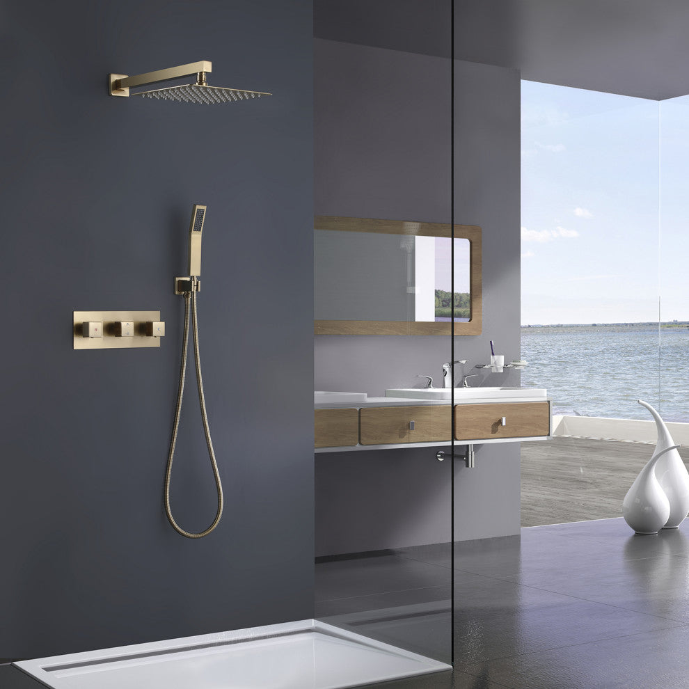 Wall Mounted Rain Shower System with Hand Shower, Brushed Gold