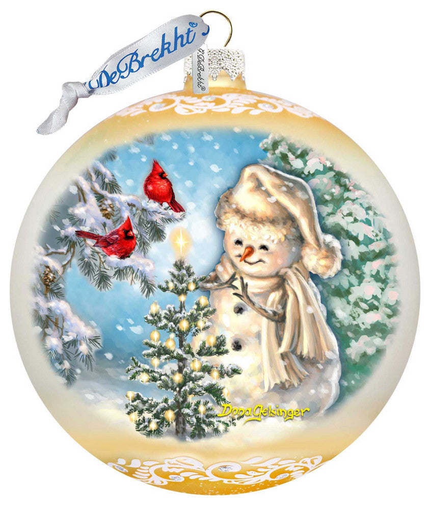 Glowing Snowman Lg Glass Ornament, Gold