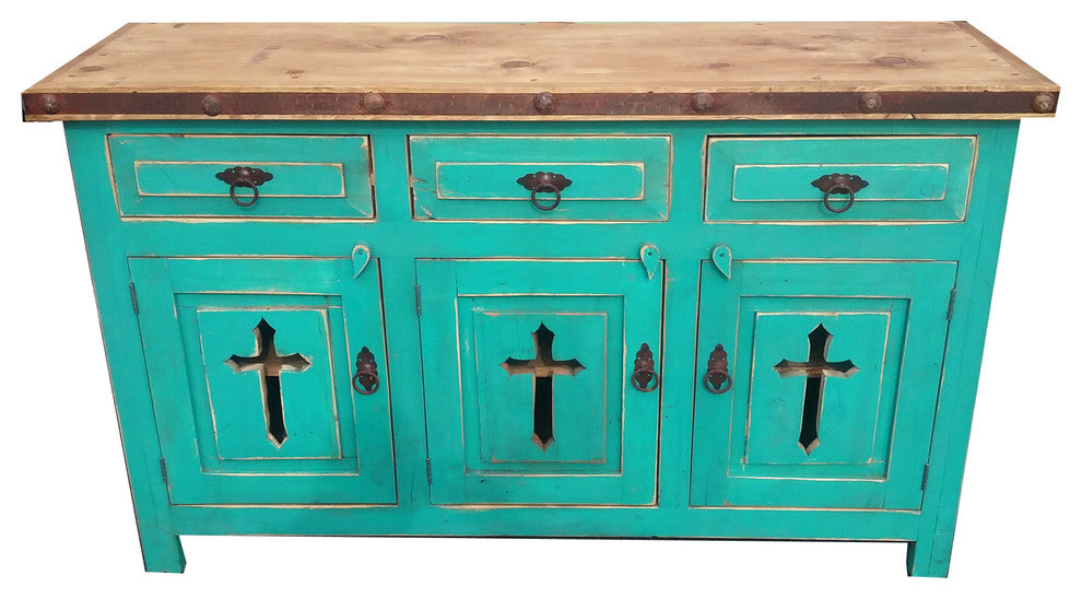 Templar Cross Rustic Bathroom Vanity, Turquoise, 72"x20"x32", Fake Middle Drawer