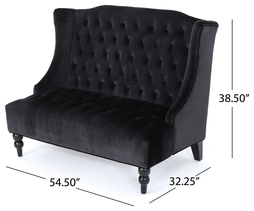 GDF Studio Leah Traditional Tufted High Winged Back New Velvet Loveseat, Black