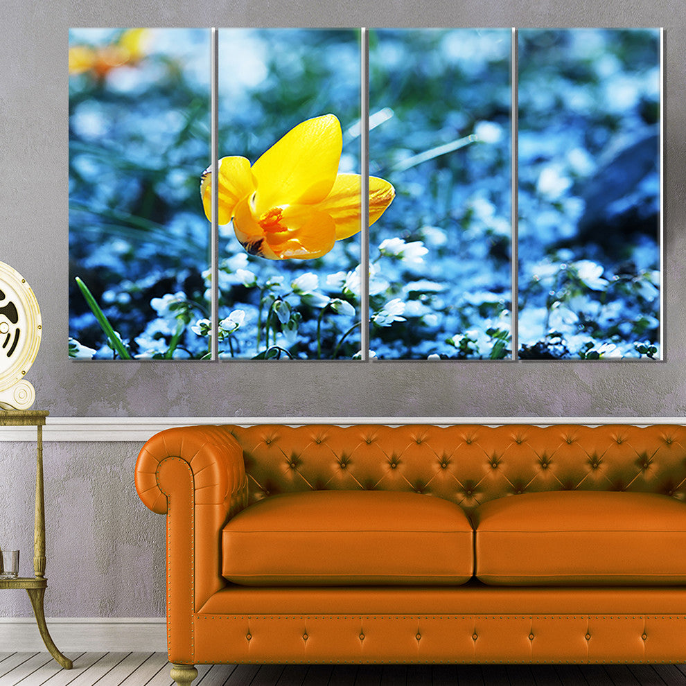 Solitary Yellow Flower on Blue, Floral Canvas Art Print, 48"x28", 4 Panels