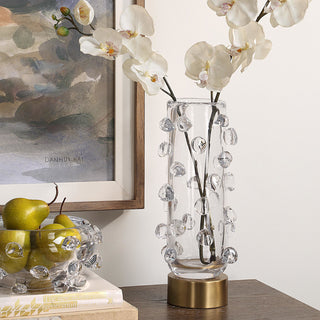 Uttermost 18182 Aura 15" Tall Glass and Iron Vase - Brushed Brass / Clear