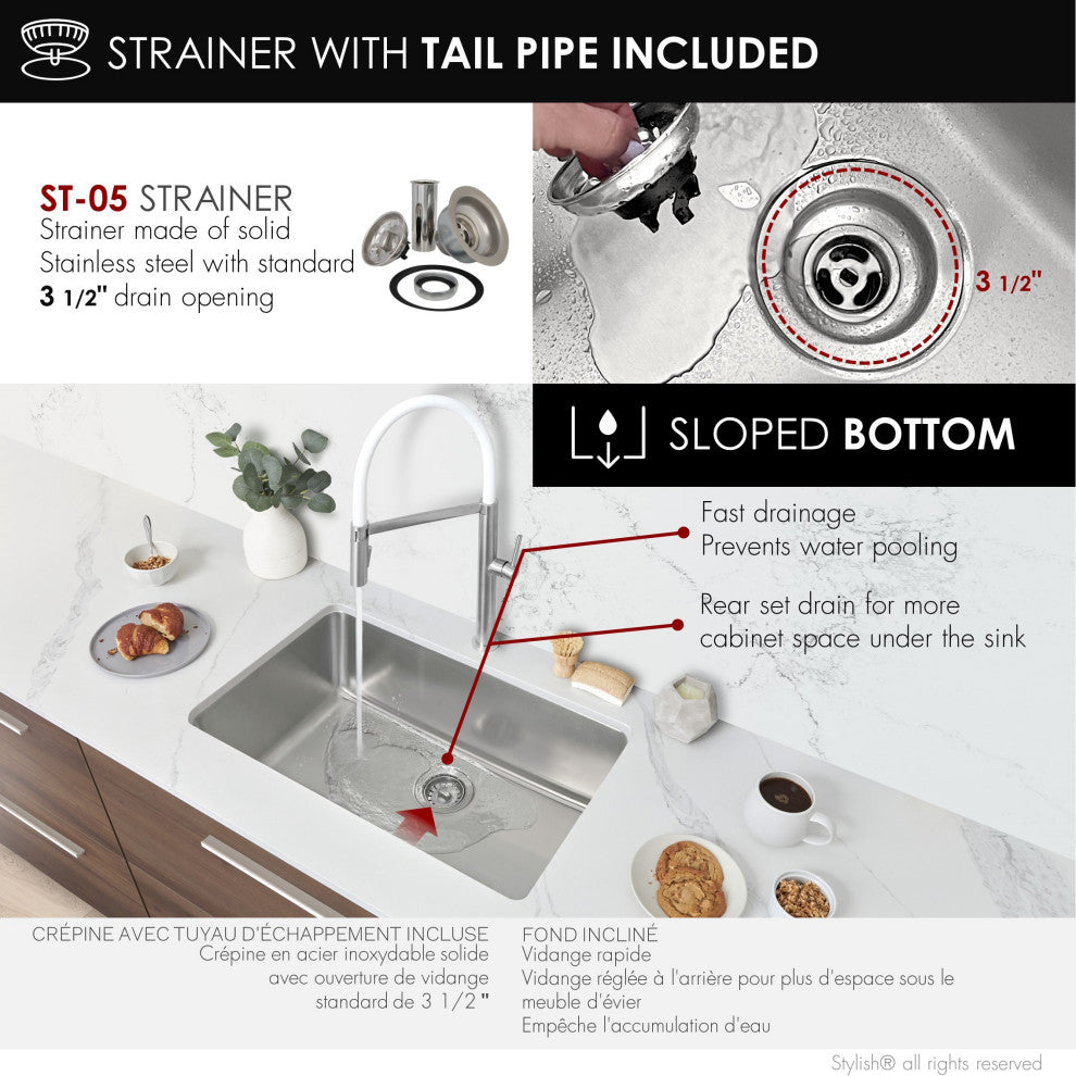 STYLISH 27 inch Single Bowl Undermount and Drop-in Stainless Steel Kitchen Sink
