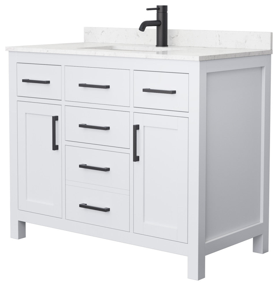 Beckett 42" White Single Vanity, Carrara Cultured Marble Top, Black Trim