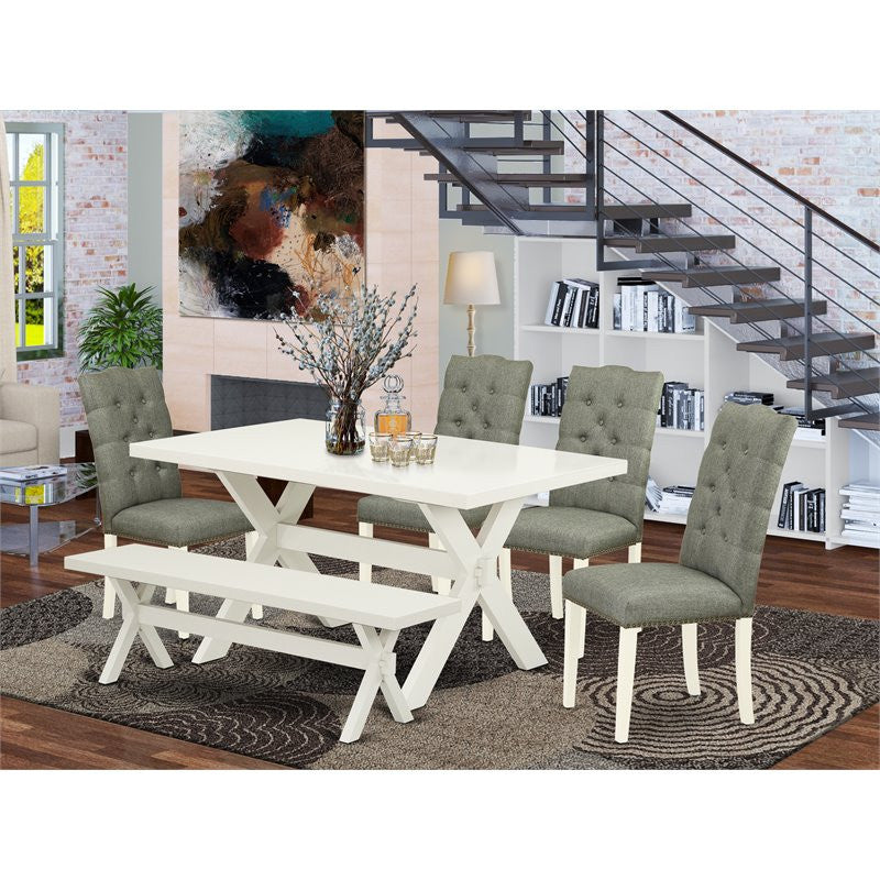 6-Piece Set, Smoke, Seat Chairs, Bench and Table, Linen White