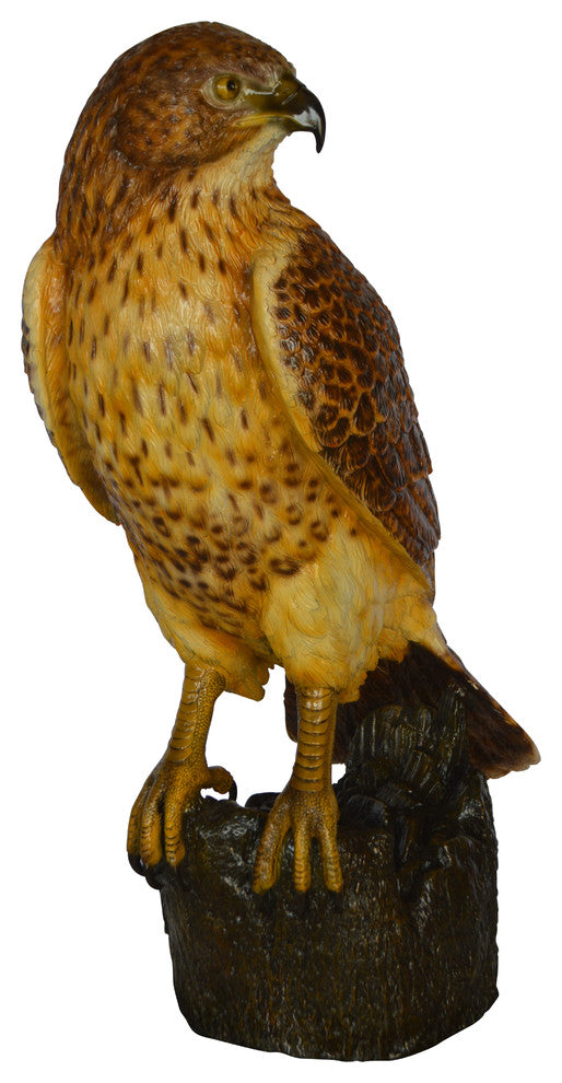 Hawk Bronze Statue standing on Stump on Marble -  Size: 12"L x 15"W x 29"H.