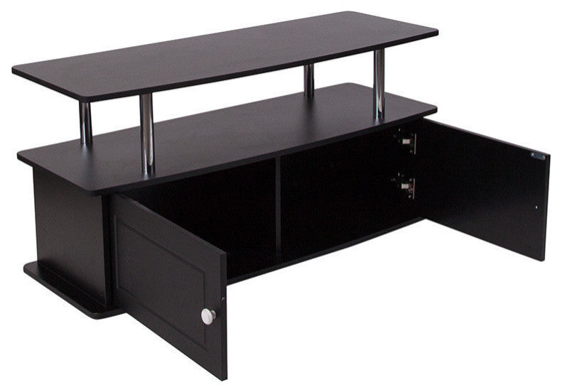 Evanston Black TV Stand With Shelves, Cabinet and Stainless Steel Tubing
