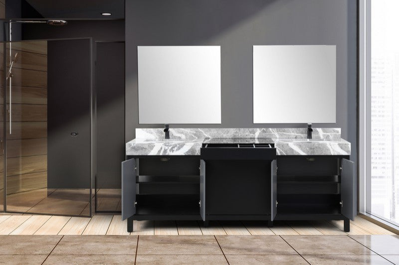 Zilara Black and Grey 84" Double Vanity Set, Cascata Nera Matte Black Faucet Set