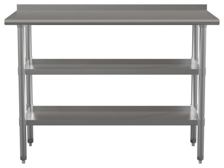 Stainless Steel 18 Gauge Work Table With 1.5" Backsplash and 2 Undershelves, NSF