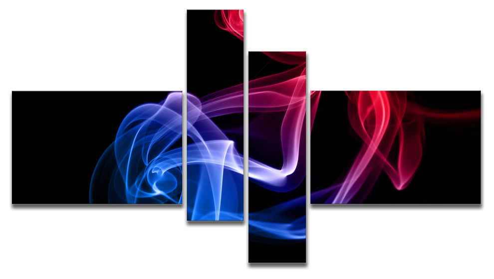 Blue Red Floating Smoke on Black, Abstract Canvas Wall Art, 60"x32", 4 panels