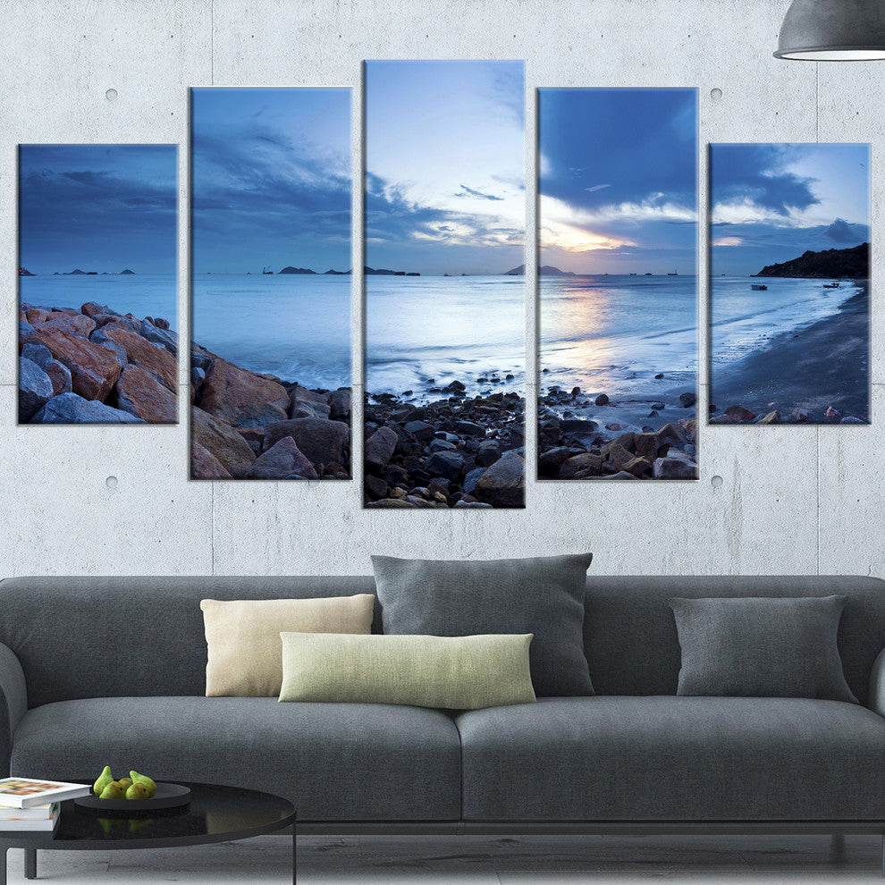 "Blue Sea Sunset on Sandy Coastline" Seascape Wall Art, 5 Panels, 60"x32"