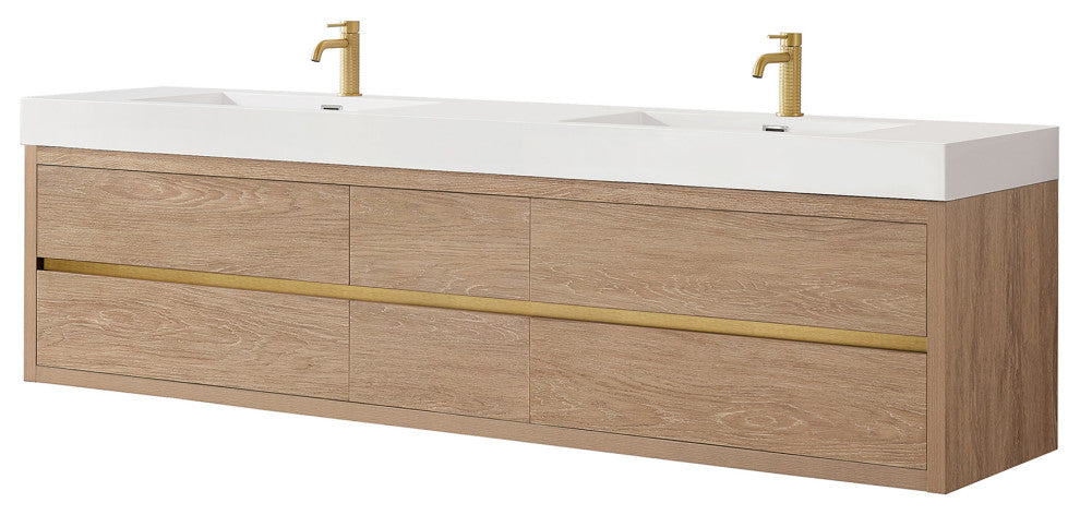 Palencia Floating Bath Vanity With Composite Stone Top, North American Oak, 84", No Mirror