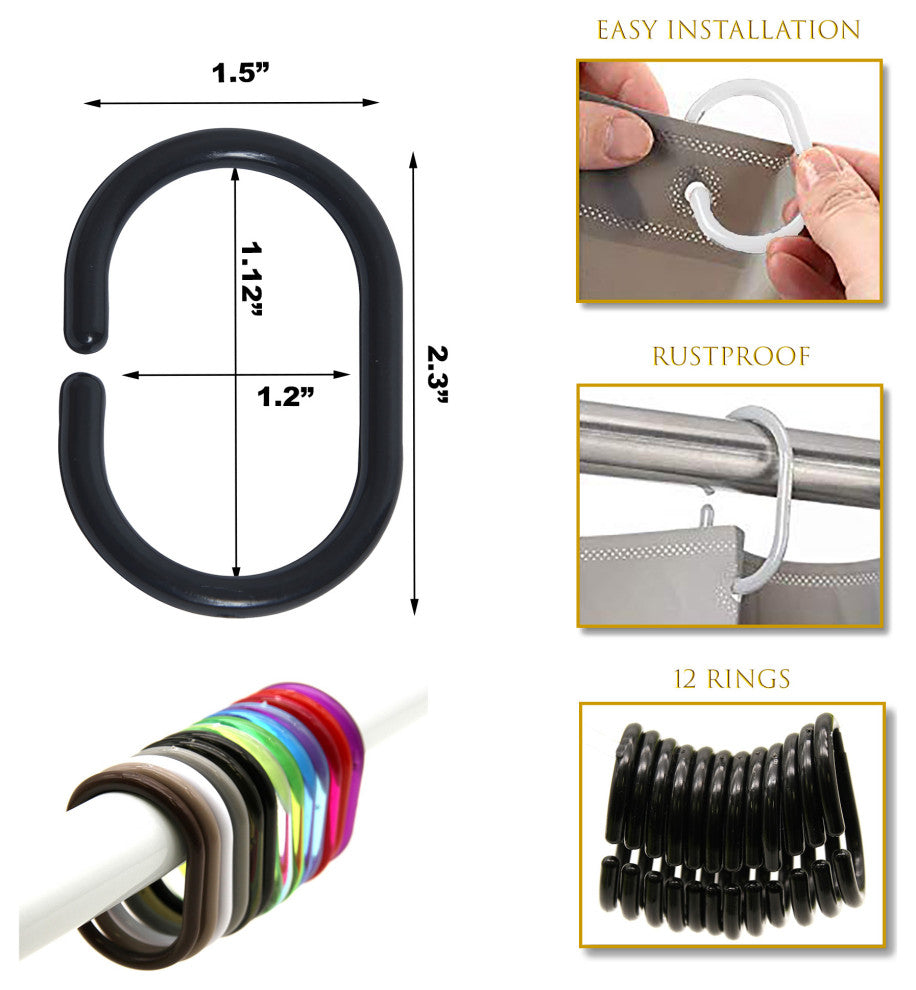 Shower Curtain Rings Plastic Hooks Solid or Clear Colors Set of 12, Solid Black
