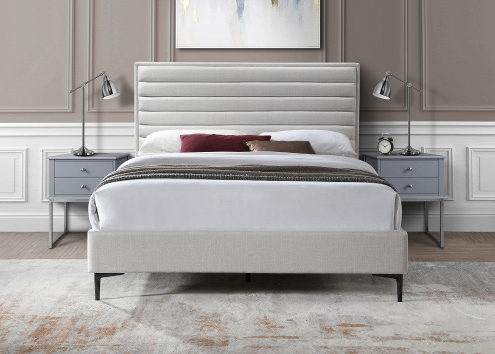 Hunter Linen Polyester Fabric Upholstered Bed, Cream, Full