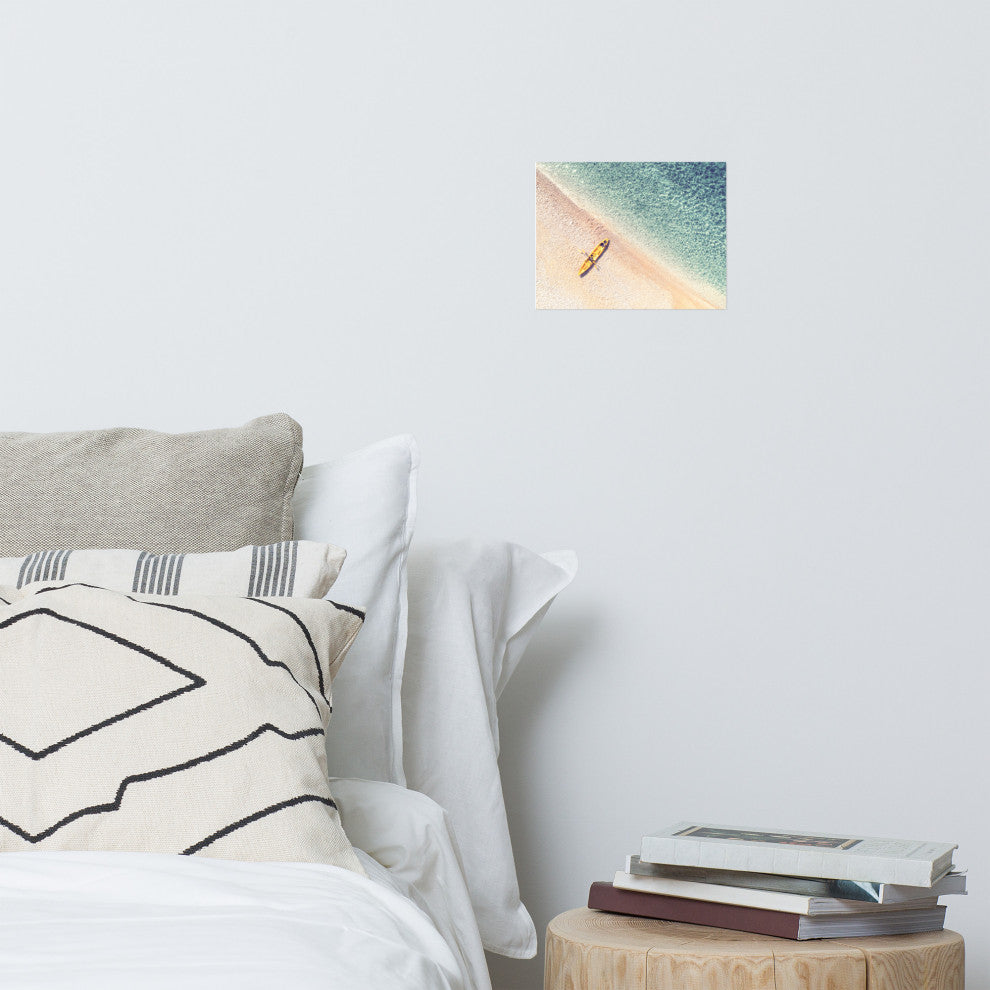 Yellow Canoe & Blue Sea with Soft Violet Effect Landscape Photo Loose Art Print, 8" X 10"