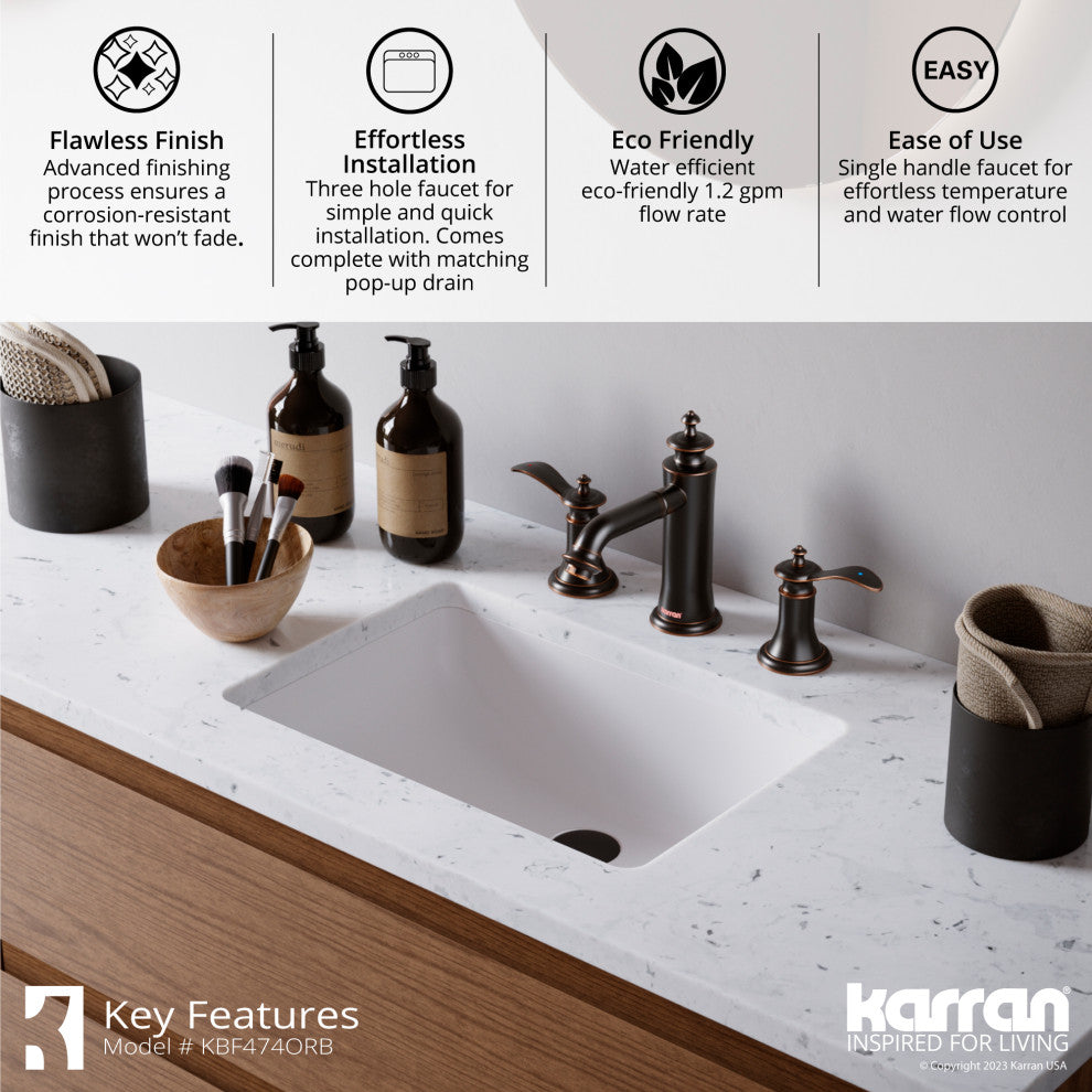 Karran 2-Handle 3-Hole Widespread Faucet With Pop-up Drain, Oil Rubbed Bronze