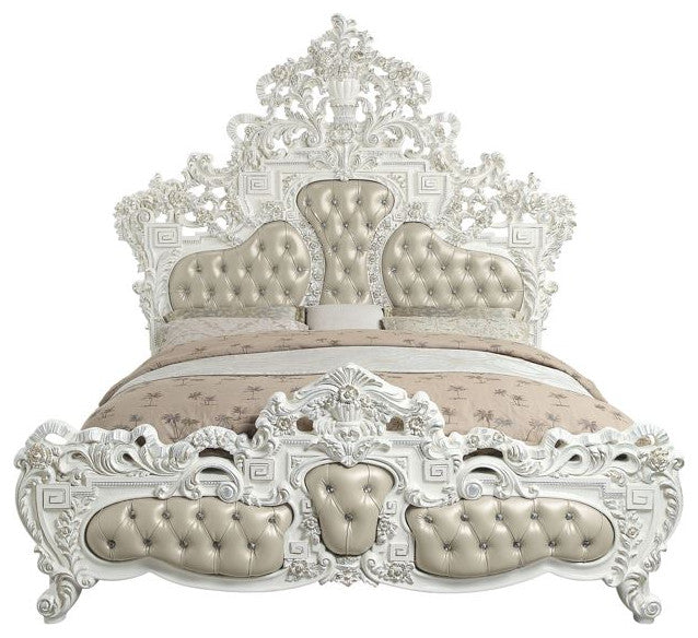 Acme Vanaheim Eastern King Bed Beige PU and Antique White Finish