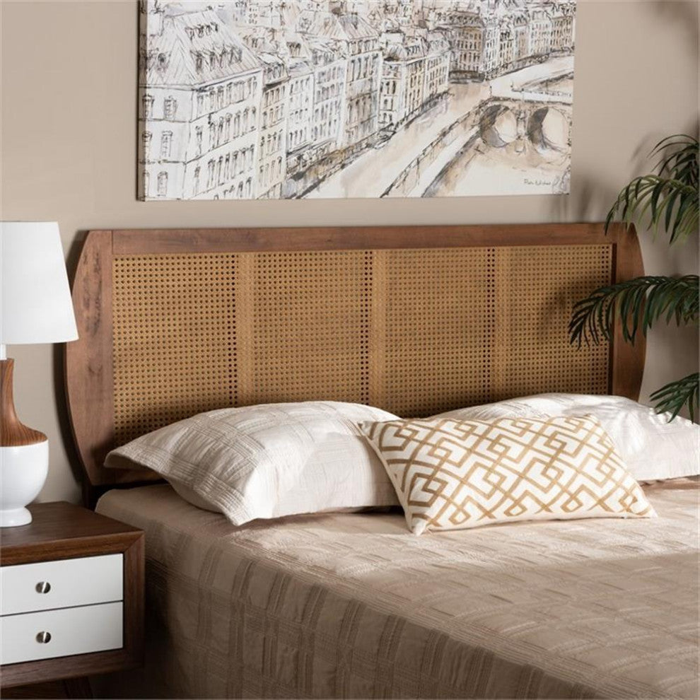Bowery Hill Mid-Century Rattan Queen Size Headboard in Walnut