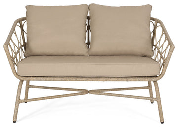 Colmar Outdoor Wicker Loveseat With Cushions, Light Brown and Beige