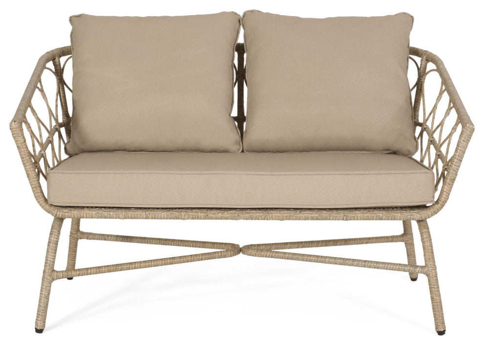 Colmar Outdoor Wicker Loveseat With Cushions, Light Brown and Beige