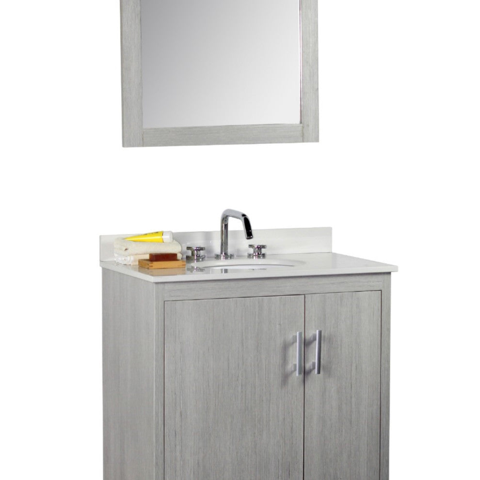 31" Single Vanity, Gray Pine Finish Top With Engineered Stone Top and Oval Sink