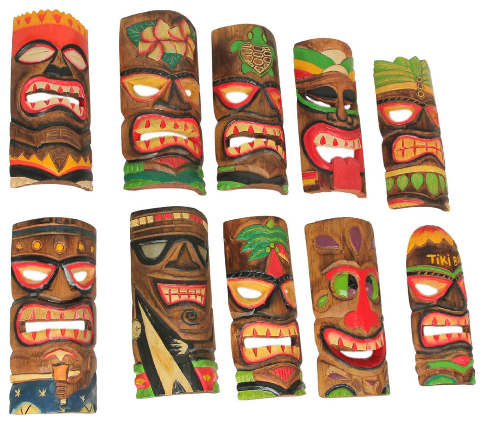 Hand Carved Wood Art Polynesian Party Hawaiian Tiki Masks 10 Piece Set 10 Inch