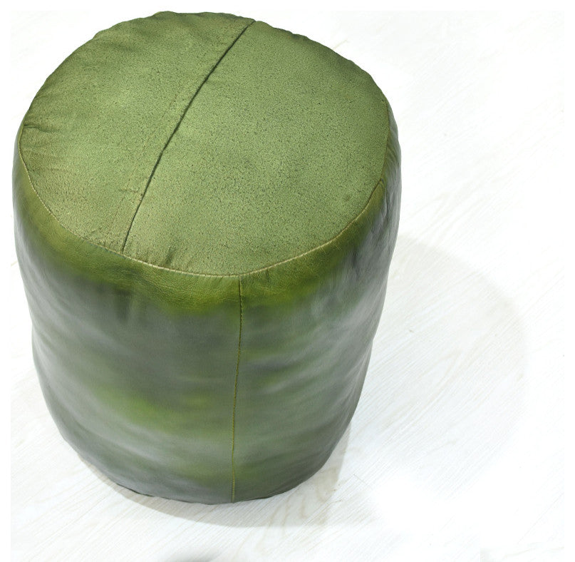 Pouf-Solid Handmade Leather Pouf (Recycled Foam with Fiber Fill), Green, {Round} 16x16x16